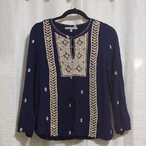 Daniel Rainn Embroidered Blouse Large Navy Blue Peasant Lace Lightweight Coastal